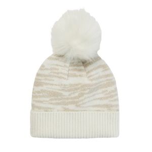 Express Cream Ivory Shimmery Metallic Tiger Print Pom Pom Knit Beanie Winter Hat